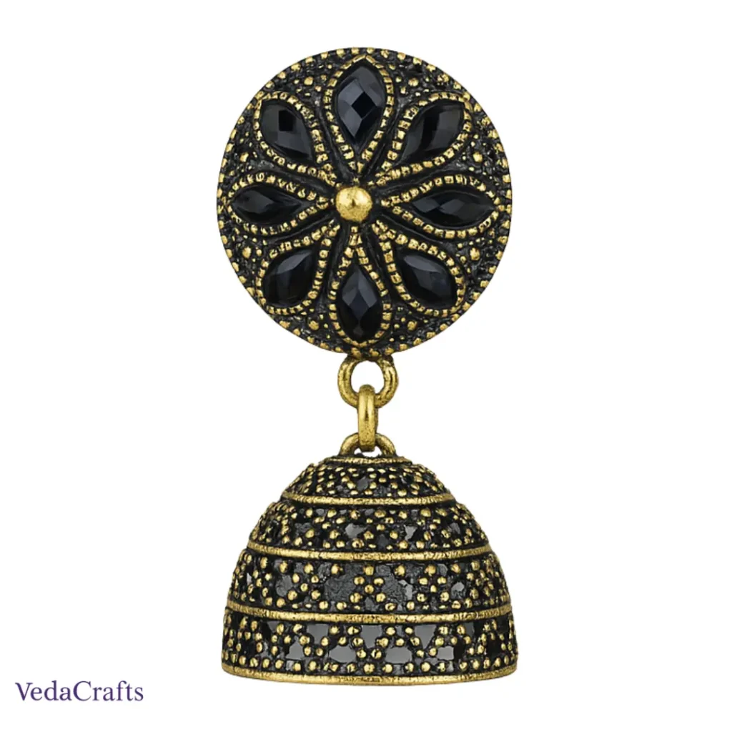 Golden Black Ethnic Jhumka Earrings for Women – Traditional Dull Gold Party Wear Earrings for Saree & Festive Occasions single