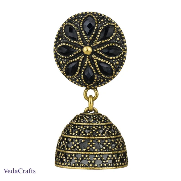 Golden Black Ethnic Jhumka Earrings for Women – Traditional Dull Gold Party Wear Earrings for Saree & Festive Occasions single