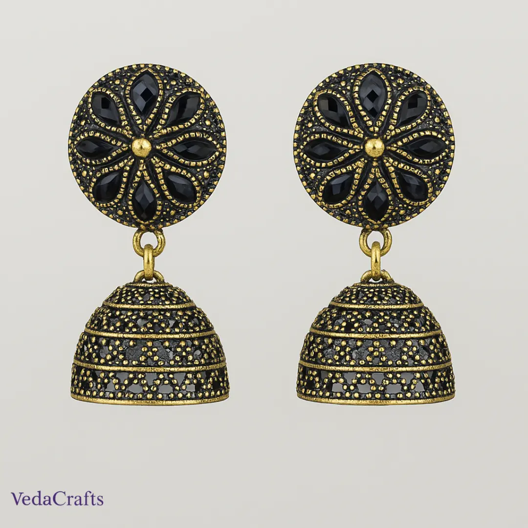 Golden Black Ethnic Jhumka Earrings for Women – Traditional Dull Gold Party Wear Earrings for Saree & Festive Occasions Golden Black Ethnic Jhumka Earrings for Women – Traditional Dull Gold Party Wear Earrings for Saree & Festive Occasions