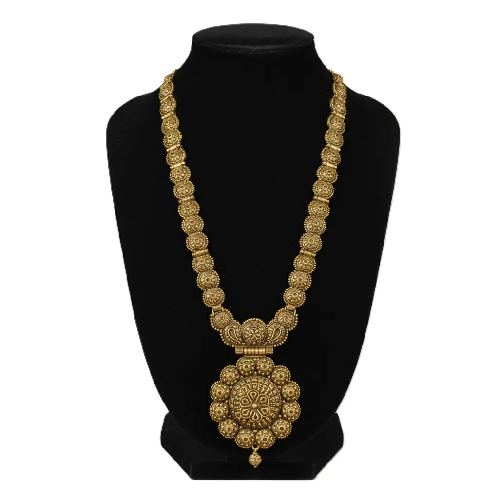 Antique Gold Plated Lakshmi Kasumala Ethnic Statement Long Necklace for Wedding & Saree with stand Premium Antique Matte Gold Plated Long Haram Necklace