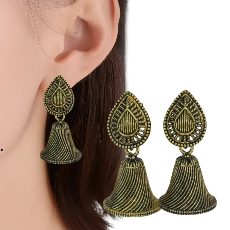 Antique Gold Plated Striped Dome Jhumka Earrings