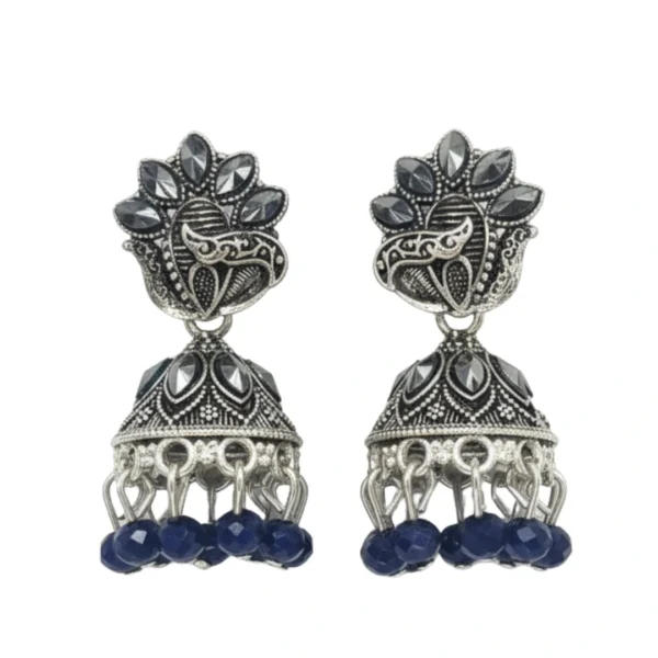 Premium Oxidised Peacock Design Jhumka Earrings With Blue Beads