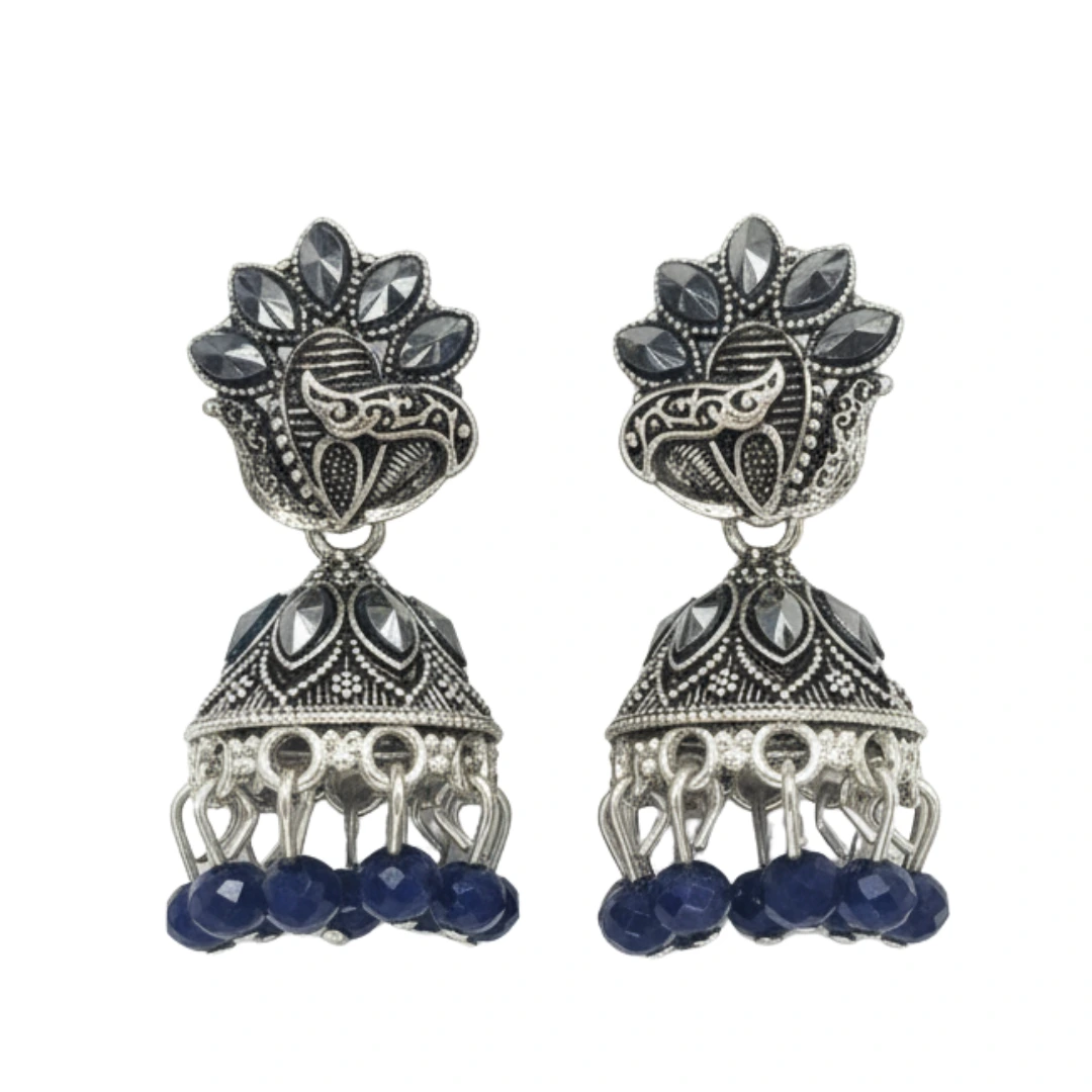 Oxidised Peacock Design Jhumka Earrings with Blue Beads for Women and Girls Premium Oxidised Peacock Design Jhumka Earrings With Blue Beads