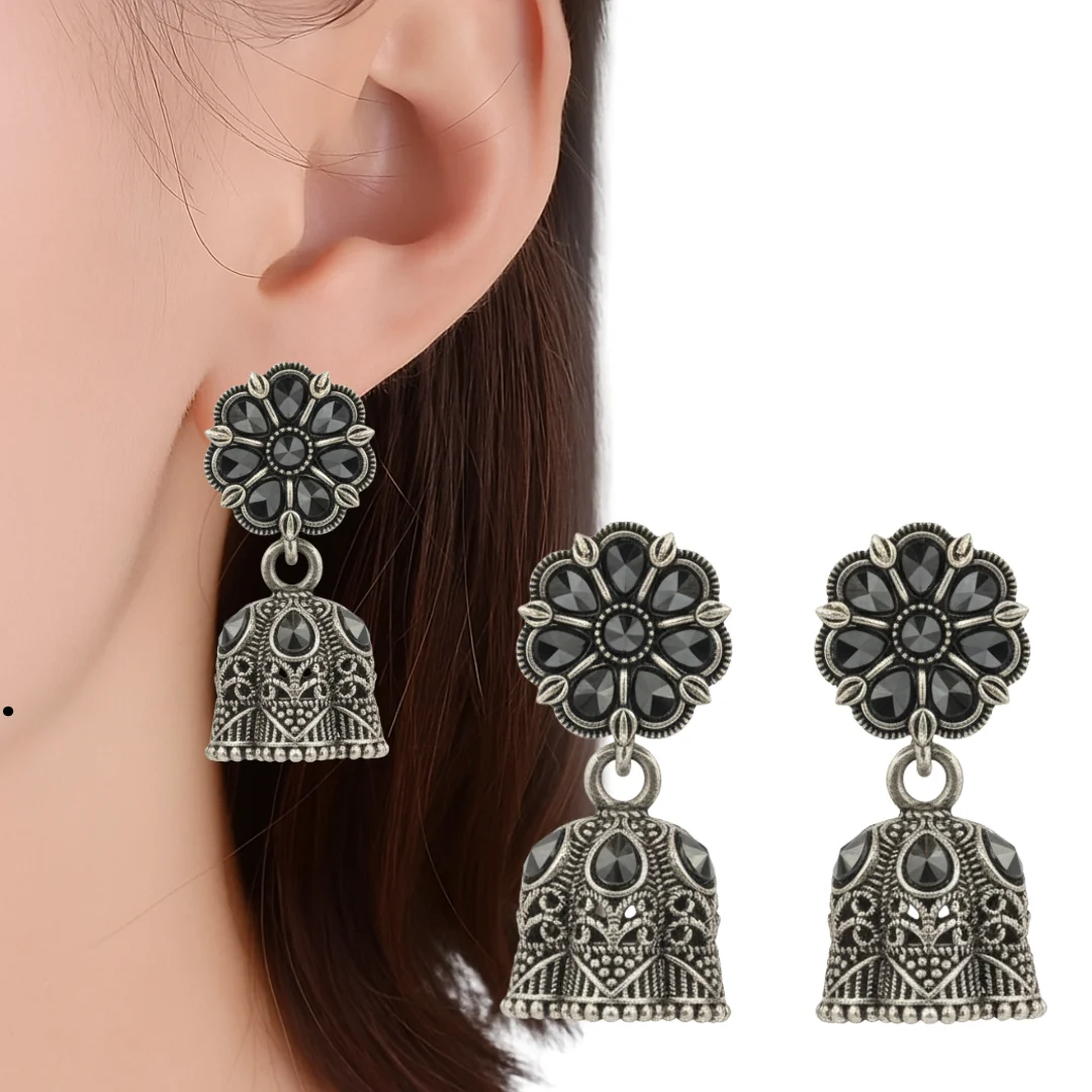 Oxidized Silver Plated Floral Stud Jhumka Earrings with Black Stone Design 4 Buy Oxidized Silver Plated Floral Stud Jhumka Earrings Online