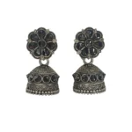 Oxidized Silver Plated Floral Stud Jhumka Earrings with Black Stone Work