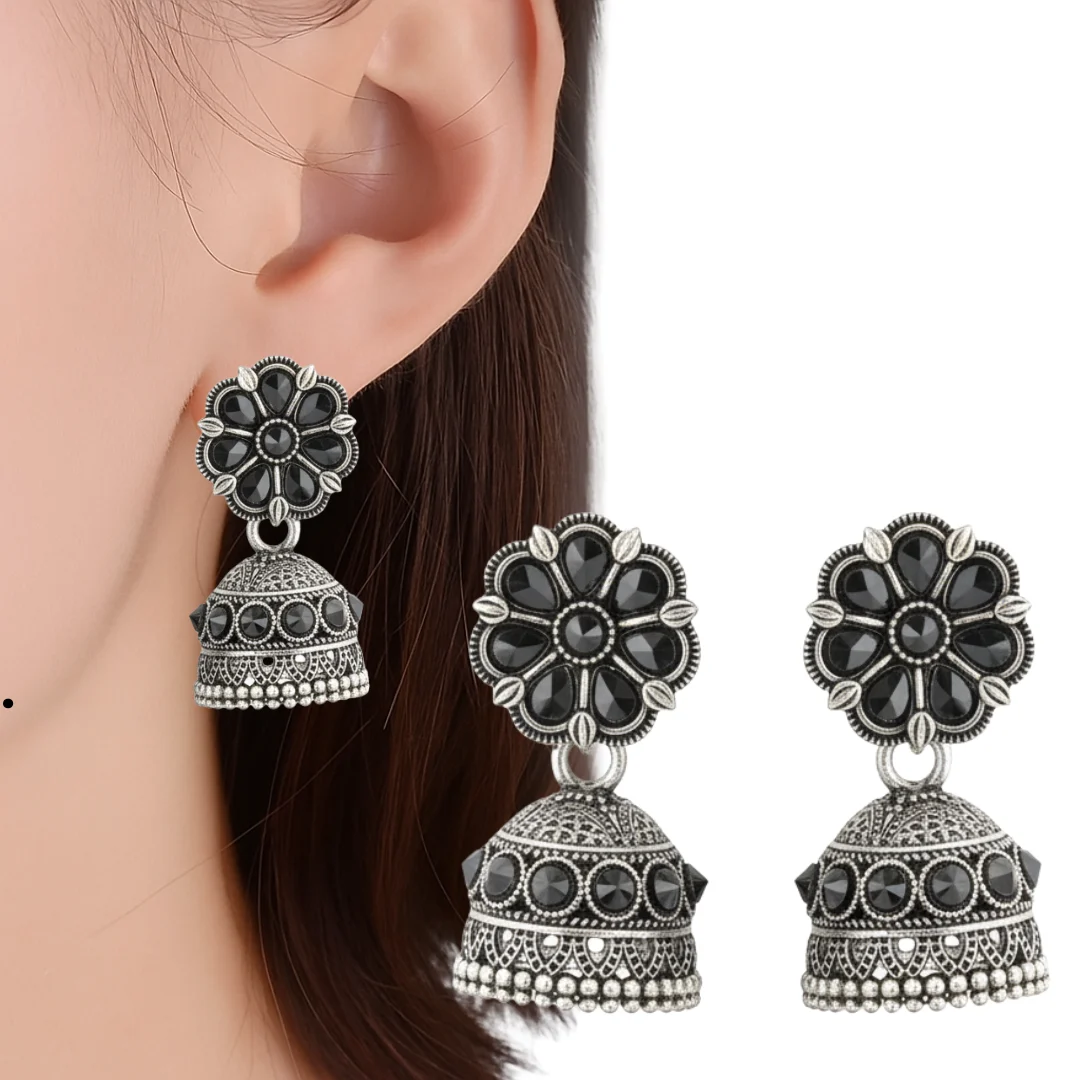 Oxidized Silver Plated Floral Stud Jhumka Earrings with Black Stone Work 4 Oxidized Silver Plated Floral Stud Jhumka Earrings with Black Stone Work