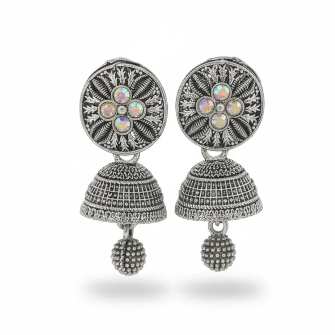 Oxidized Silver Plated Floral Stud Jhumka Earrings with Colorful Stone 2 Oxidized Silver Plated Floral Stud Jhumka Earrings with Colorful Stone