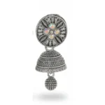 Oxidized Silver Plated Floral Stud Jhumka Earrings with Colorful Stone