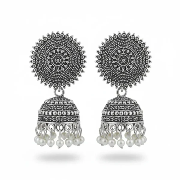 Oxidized Silver Plated Jhumka Earrings with Pearl Drops