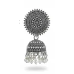 Oxidized Silver Plated Jhumka Earrings with Pearl Drops - Image 3