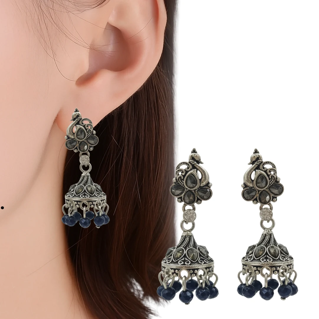 Oxidized Silver Plated Peacock Design Jhumka Earrings with Black Stones and Blue Beads 4 Oxidized Silver Plated Peacock Design Jhumka Earrings