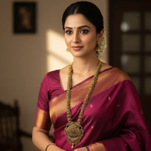 Ethnic Matte Gold Plated Temple Jewellery Long Haram Necklace