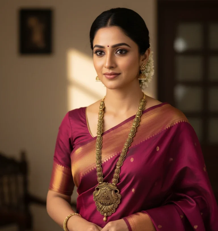 Ethnic Matte Gold Plated Temple Jewellery Long Haram Necklace